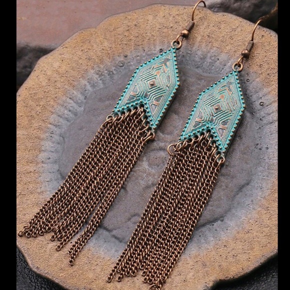 2/$25 or 3/$35 NWOT Turquoise & bronze boho southwestern fringe earrings - Picture 2 of 3